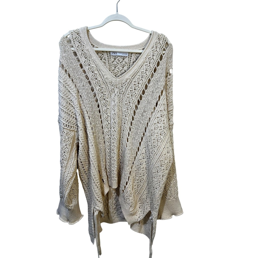 Zara Womens XS Cream Beige Open Knit Oversized V-Neck Sweater Side Ties Metallic